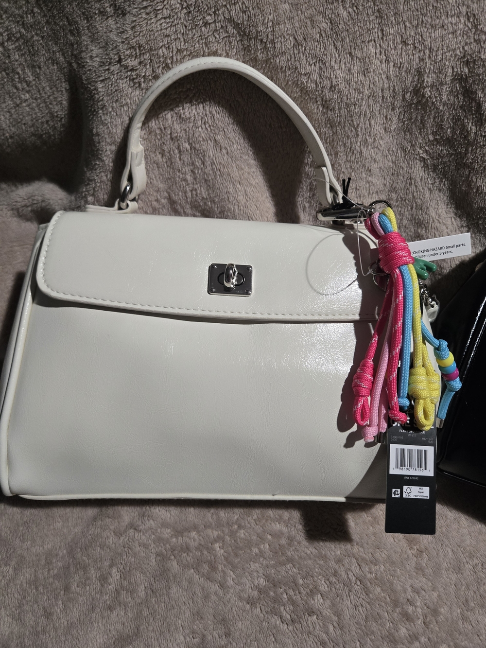 Cream Structured Top-Handle Crossbody with Colorful Tassel Charm